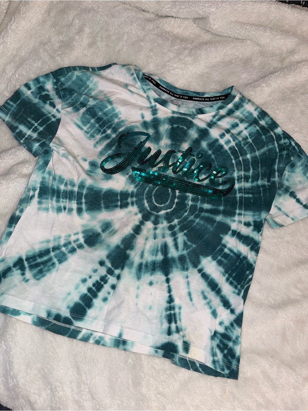 Justice Teal & White Tie-Dye Sequin Logo Tee